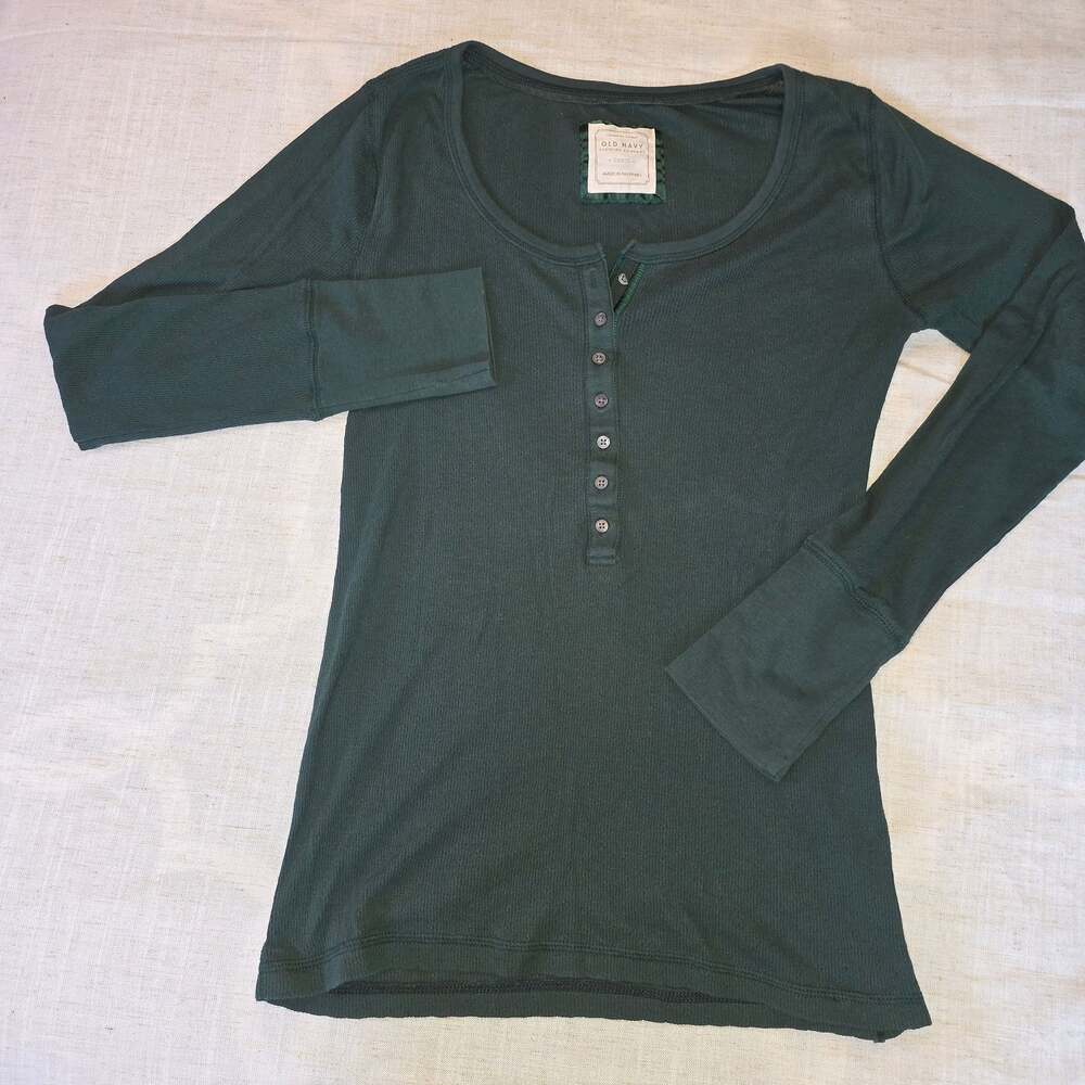 Old Navy Vintage Y2K Dark Green Ribbed Long Sleeve Thermal Henley Top Large